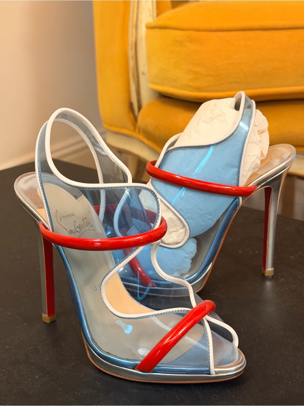 Christian Louboutin Light Blue Leather Heels with Red Straps - Picture 2 of 4
